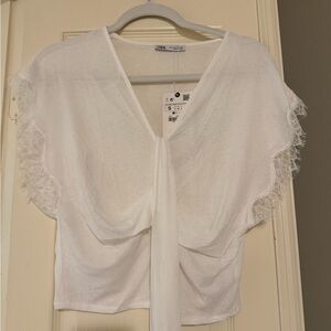 Zara White Textured V-Neck Top